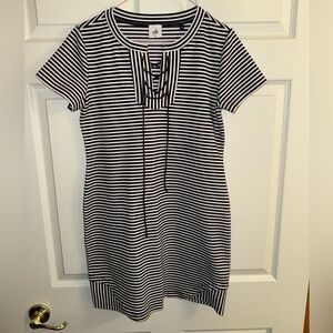 Navy and white striped v neck dress with lace up front. Size xs